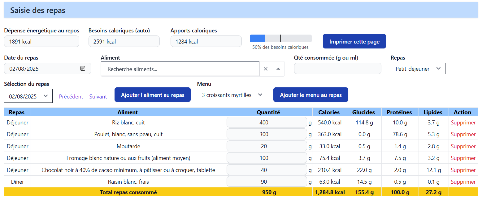 calculateur de calories en ligne saisie des repas
